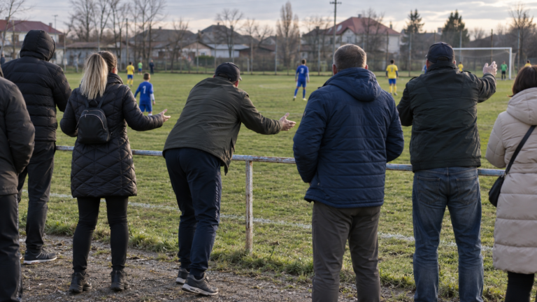 Des adultes debout derrière la main courante d’un terrain de football de jeunes, vus de dos.