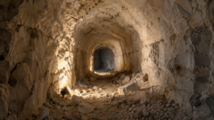 Galerie souterraine creusée dans la craie, voûte irrégulière et sol de gravats, éclairée par une lampe posée au sol.