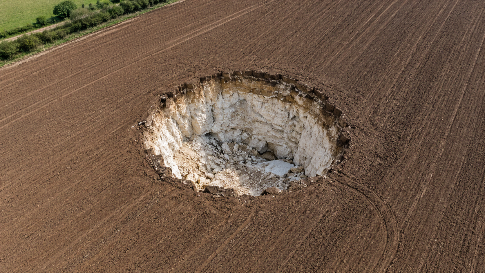 Champ labouré vu du ciel, trou d’effondrement circulaire ouvert au milieu des sillons, craie blanche visible dans la cavité.