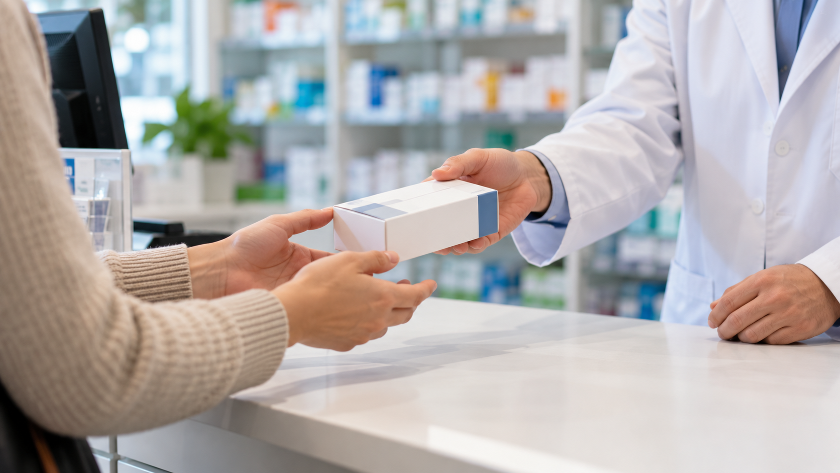 Mains d'un pharmacien faisant glisser une boîte de médicaments sur le comptoir vers les mains d'un client, sans visage visible.