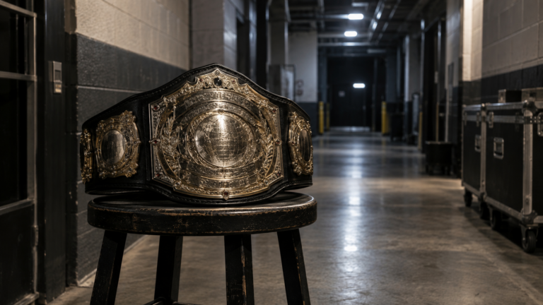 Une ceinture de champion posée seule sur un tabouret, dans un couloir d’arène désert.