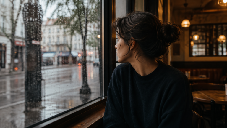 Un jeune adulte assis seul près d’une vitre ruisselante de pluie dans un café de quartier, le regard tourné vers la rue.