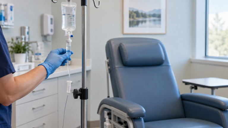 Main gantée ajustant la ligne d’une petite poche de perfusion accrochée à une potence, à côté d’un fauteuil de soins vide.
