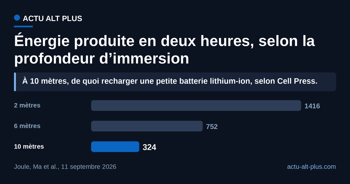 Huit mètres d’eau en plus divisent la production par 4,4 : la profondeur se paie en surface de capteur. Mesures sur deux heures d’immersion au large des îles Weizhou, valeurs à 2 et 6 mètres reprises du relais ScienceAlert de l’étude.