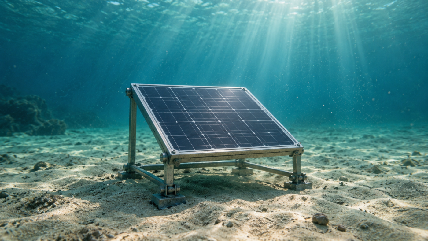Un petit module solaire plat fixé sur un cadre métallique posé sur le fond sableux, dans une eau bleu-vert traversée de rais de lumière.