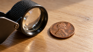 Une loupe de bijoutier posée à côté d’une petite pièce de cuivre usée, sur un bureau en bois clair.