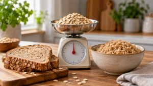 Des flocons d’avoine complets sur une balance de cuisine, à côté de deux tranches de pain complet et d’un bol de riz complet.