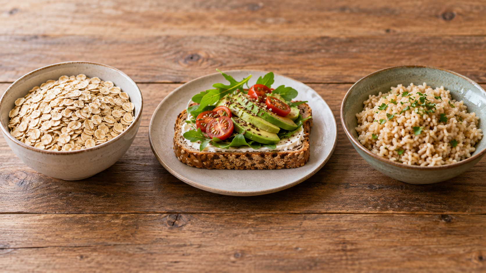 Trois plats alignés sur une table en bois : un bol de flocons d’avoine, un sandwich au pain complet ouvert, une part de riz complet.