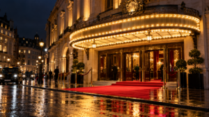 Façade éclairée d'un théâtre du West End à la nuit tombée, marquise lumineuse sans inscription et tapis rouge déroulé sur le trottoir mouillé.