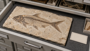 Dalle calcaire fossilifère posée dans un tiroir de collection ouvert, squelette de poisson visible dans la roche à côté d’une étiquette vierge.