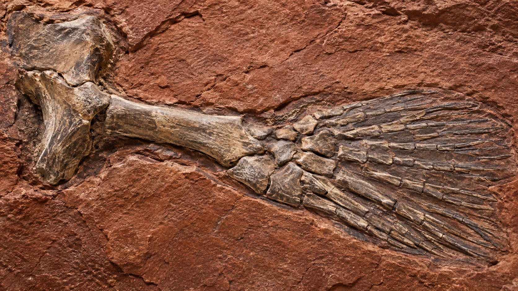 Macro d’une nageoire fossilisée dans un grès rougeâtre, où se distinguent un os de bras robuste et de petits os de poignet.