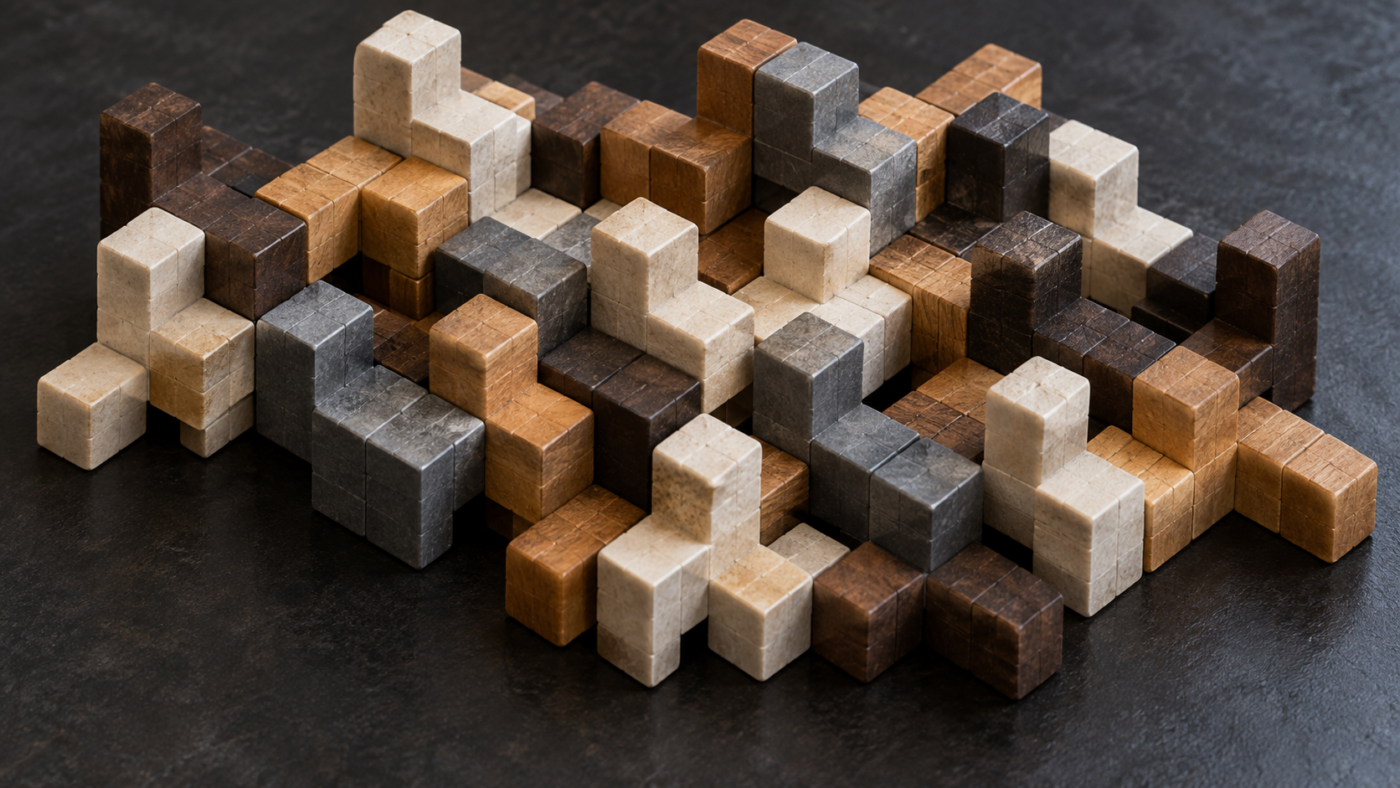 Plusieurs blocs identiques en forme de chaise, faits de sept cubes soudés, emboîtés sans motif régulier sur un plan sombre.