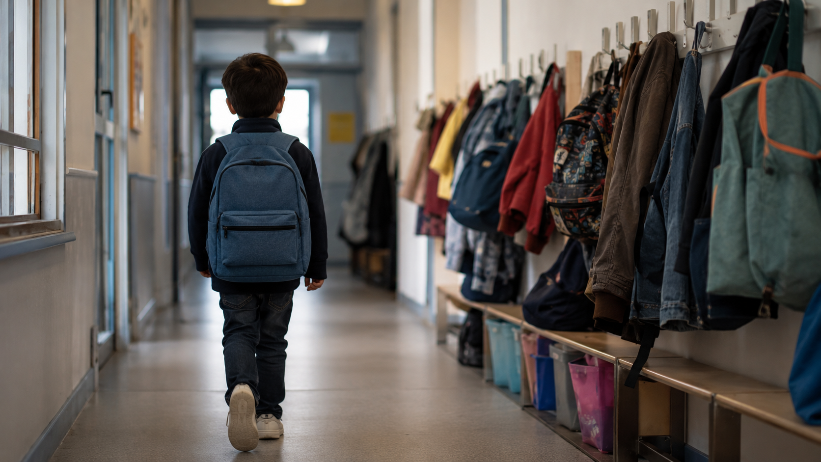Un enfant de dos s’éloigne dans le couloir d’une école élémentaire, devant des porte-manteaux chargés de cartables.