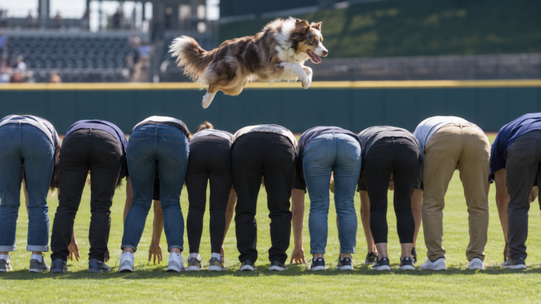 Un chien de berger australien en plein saut au-dessus d'une longue file d'adultes penchés en avant, vus de dos, sur la pelouse d'un stade de baseball