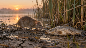 Un rat brun s’approche d’une carpe morte au bord d’une roselière, sur la vase craquelée d’une zone humide au lever du jour.