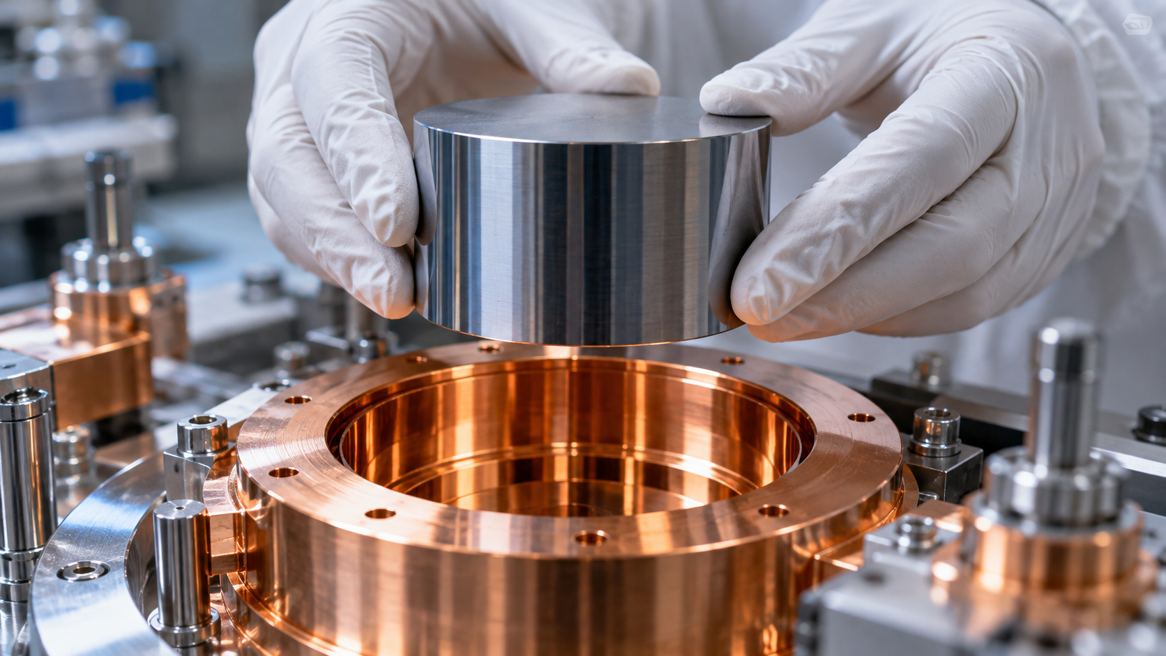 Gros plan sur un cristal de germanium cylindrique tenu par des mains gantées au-dessus d'une cavité de cuivre.