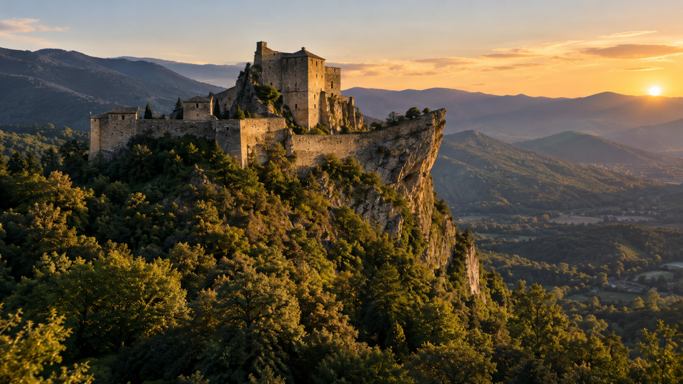 Une forteresse de pierre à l'éperon en forme de proue, dressée sur une crête boisée des Cévennes, au soleil de fin d'après-midi.