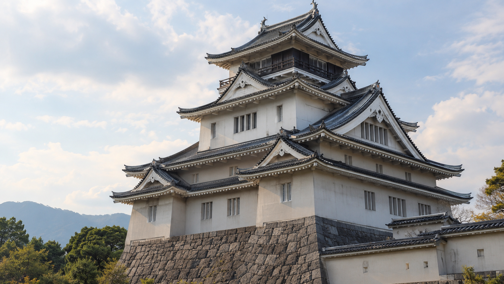 Donjon japonais reconstruit en béton armé, ses lignes de toiture traditionnelles posées sur des murs modernes.