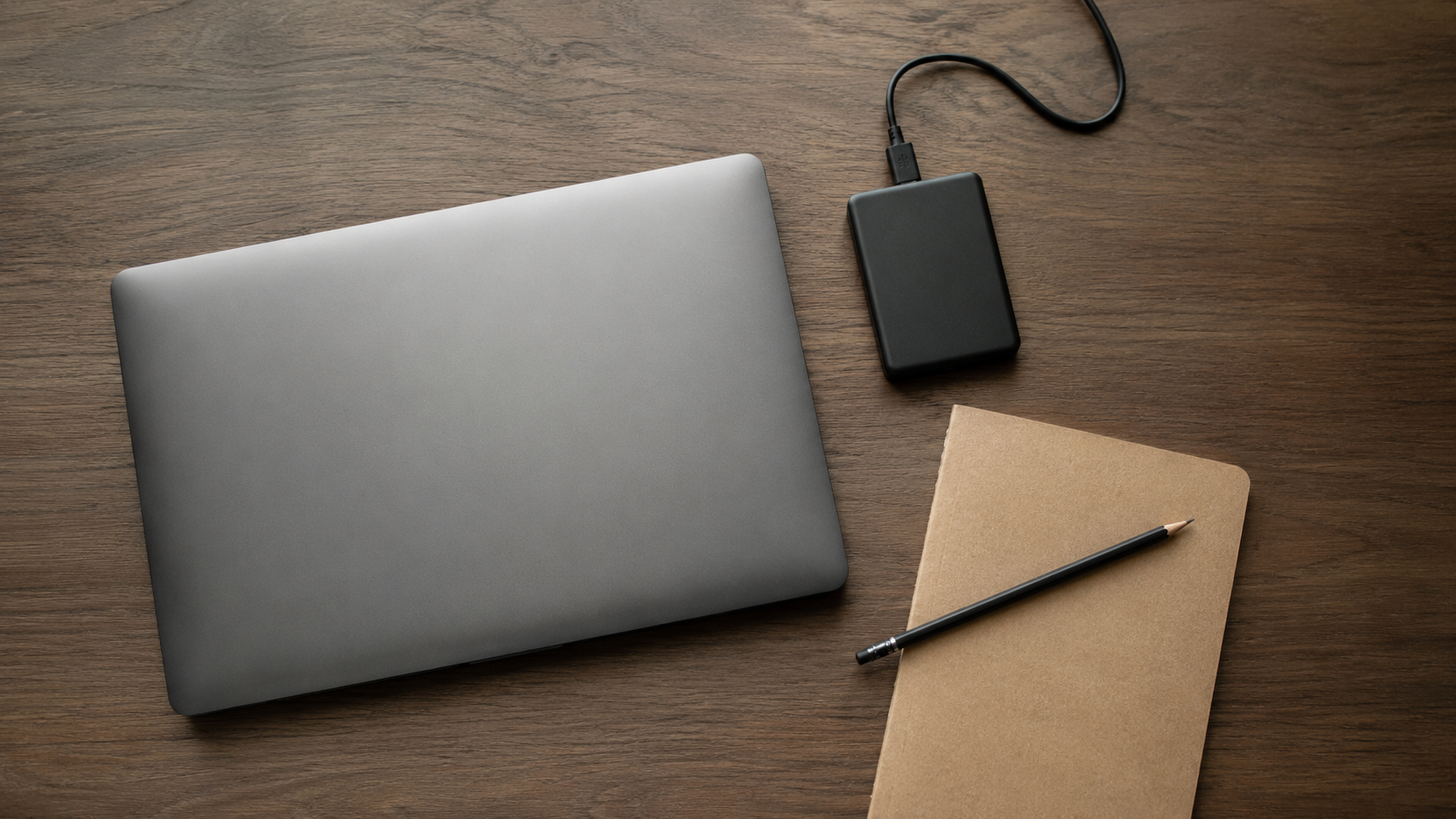 Vue de dessus d’un bureau avec un ordinateur portable fermé, un petit disque externe, un carnet et un crayon.