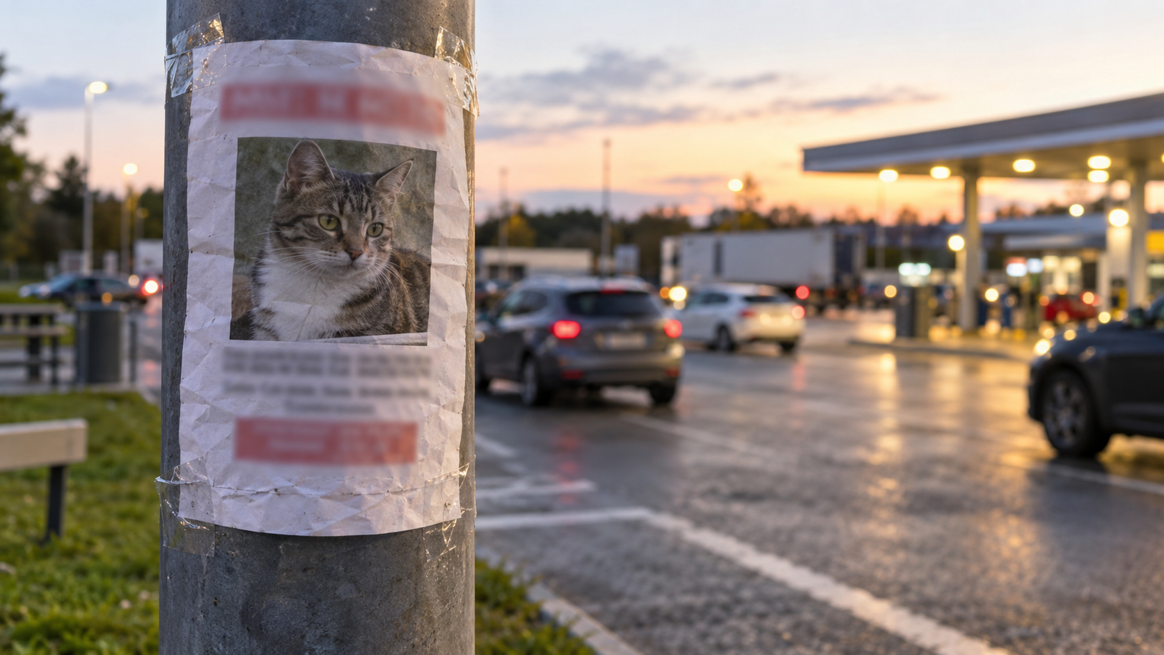 Feuille d’avis de recherche scotchée à un lampadaire sur une aire de service d’autoroute, voitures floues en arrière-plan.