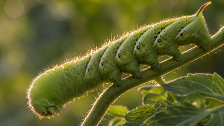 Gros plan sur une chenille verte du sphinx du tabac agrippée à une tige de tomate, les fins poils clairs de son thorax éclairés en contre-jour