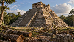 Pyramide à degrés aux gradins descellés, temple sommital effondré, troncs coupés au premier plan d’une clairière de jungle