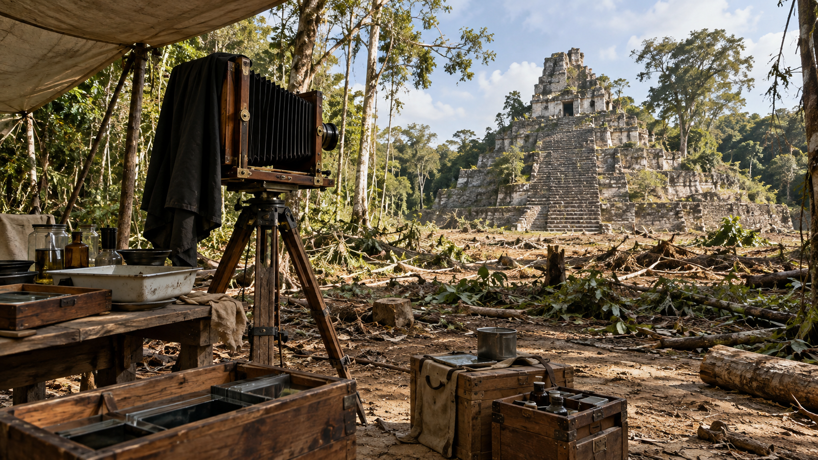 Chambre photographique en bois sur trépied face à une pyramide en ruine, caisses de plaques de verre posées au sol