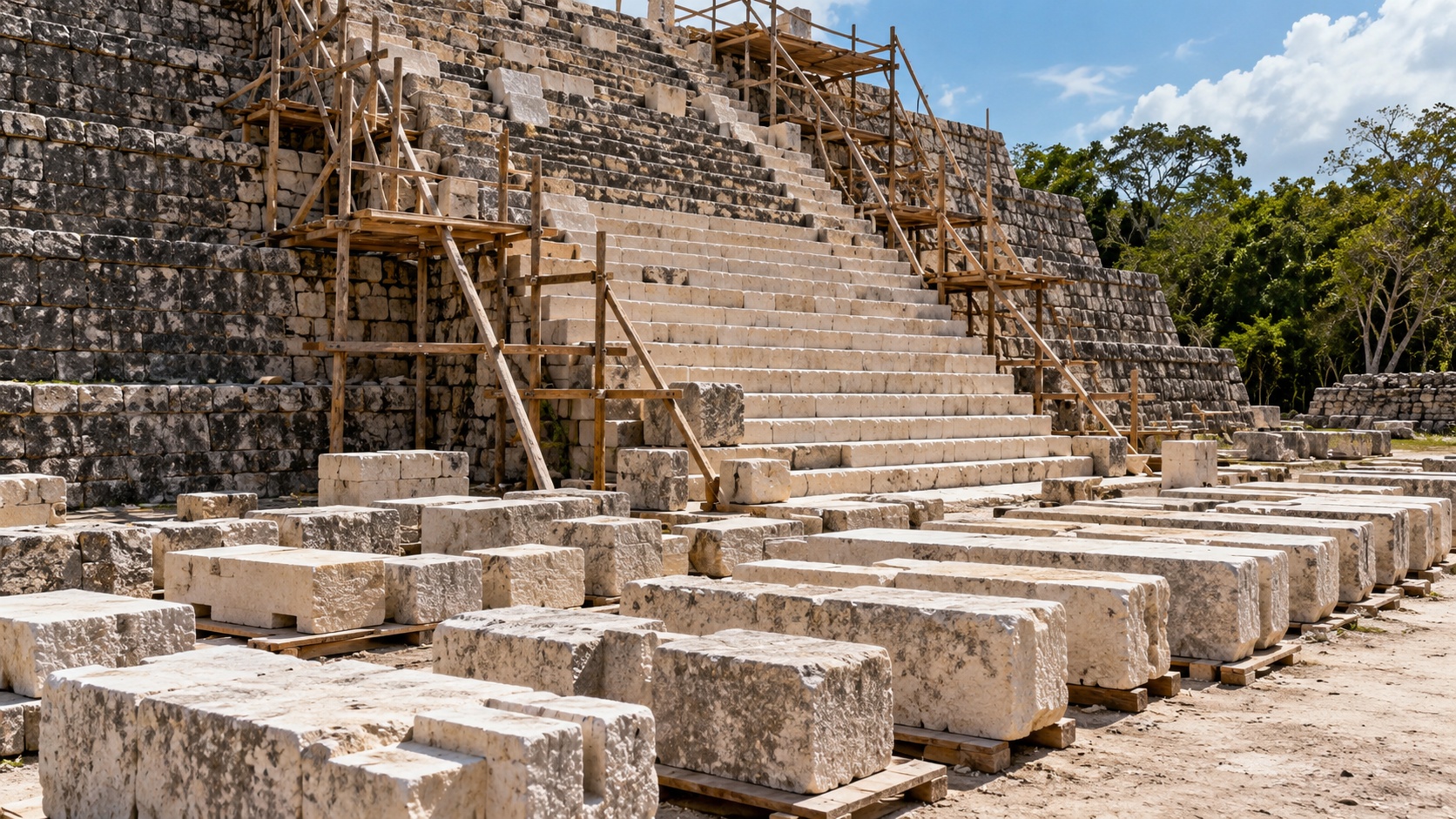 Blocs de calcaire numérotés alignés au sol devant un escalier de pyramide en cours de remontage, échafaudage de bois