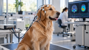 Un chien de compagnie assis dans un laboratoire clair, des électrodes de surface posées sur le crâne et reliées à un boîtier d’enregistrement.