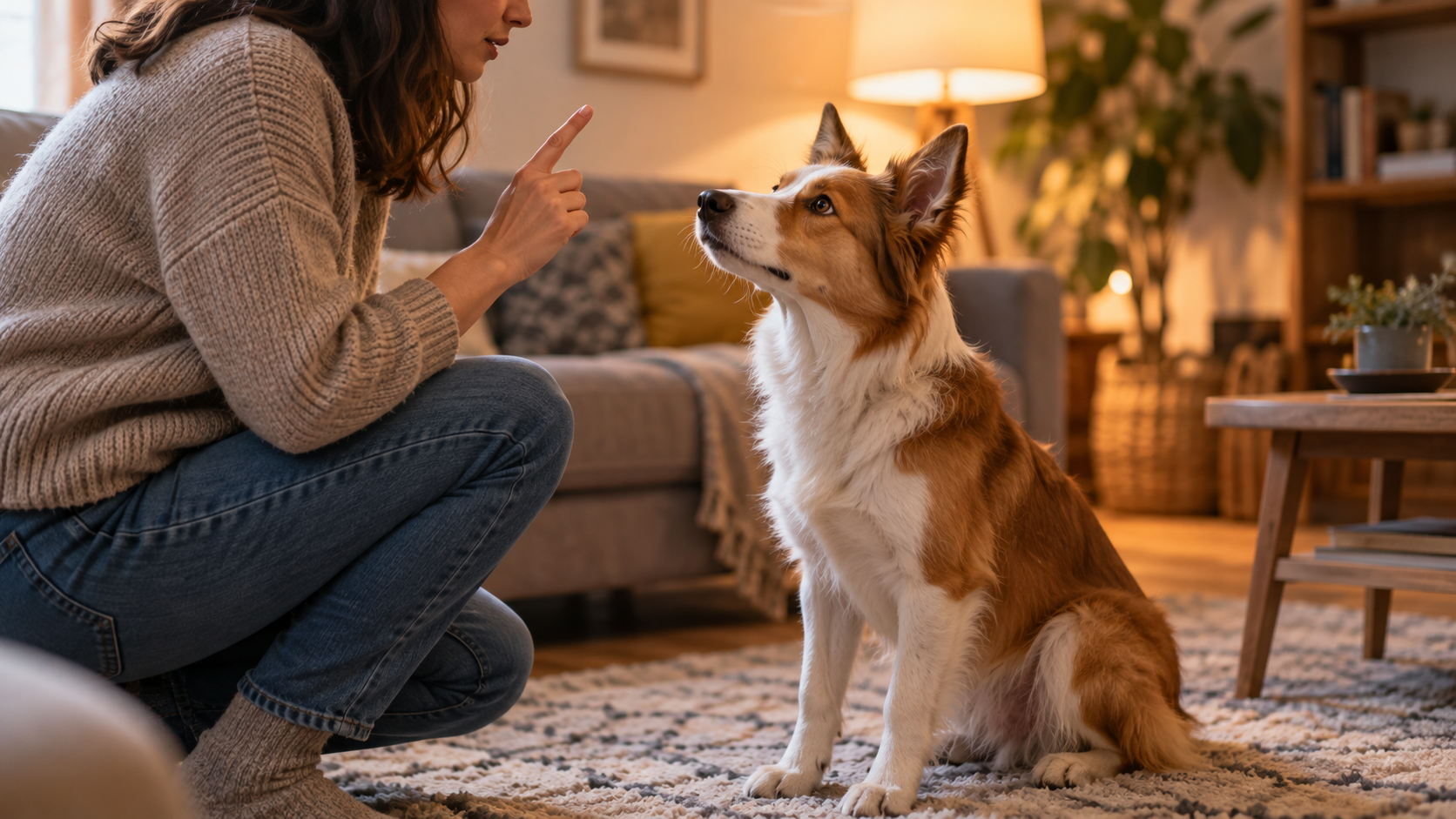 Une personne accroupie dans un salon prononce un ordre court à un chien attentif, les oreilles dressées.