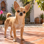 Un petit chihuahua aux oreilles dressées, campé sur des tomettes ensoleillées dans une cour mexicaine.