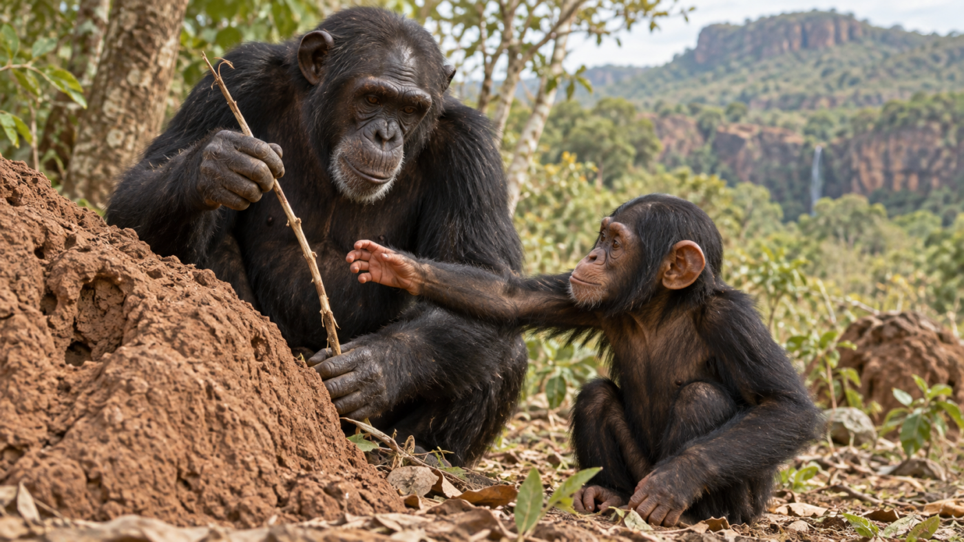 Un chimpanzé adulte tient une tige de liane écorcée près d’un monticule de terre, un jeune assis à côté avance la main vers l’outil.