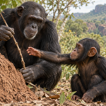 Un chimpanzé adulte tient une tige de liane écorcée près d’un monticule de terre, un jeune assis à côté avance la main vers l’outil.