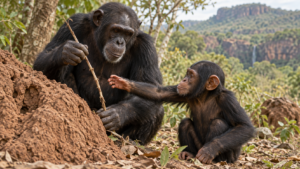 Chimpanzés du Sénégal : le petit réclame l’outil, l’adulte le cède, et c’est enseigner