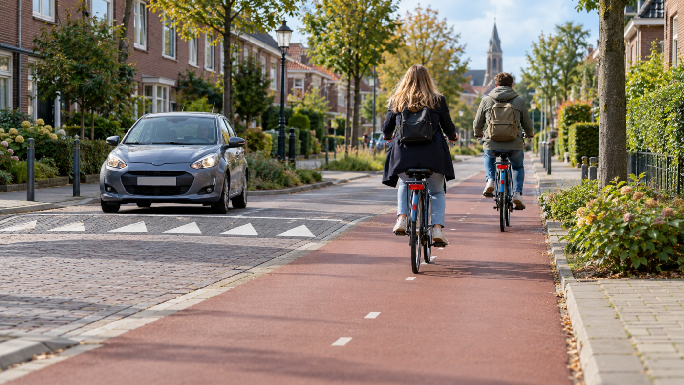 Piste cyclable en asphalte rouge le long d’une rue de maisons de briques, deux cyclistes vus de dos, une petite voiture arrêtée derrière des marquages triangulaires blancs.