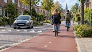 Piste cyclable en asphalte rouge le long d’une rue de maisons de briques, deux cyclistes vus de dos, une petite voiture arrêtée derrière des marquages triangulaires blancs.