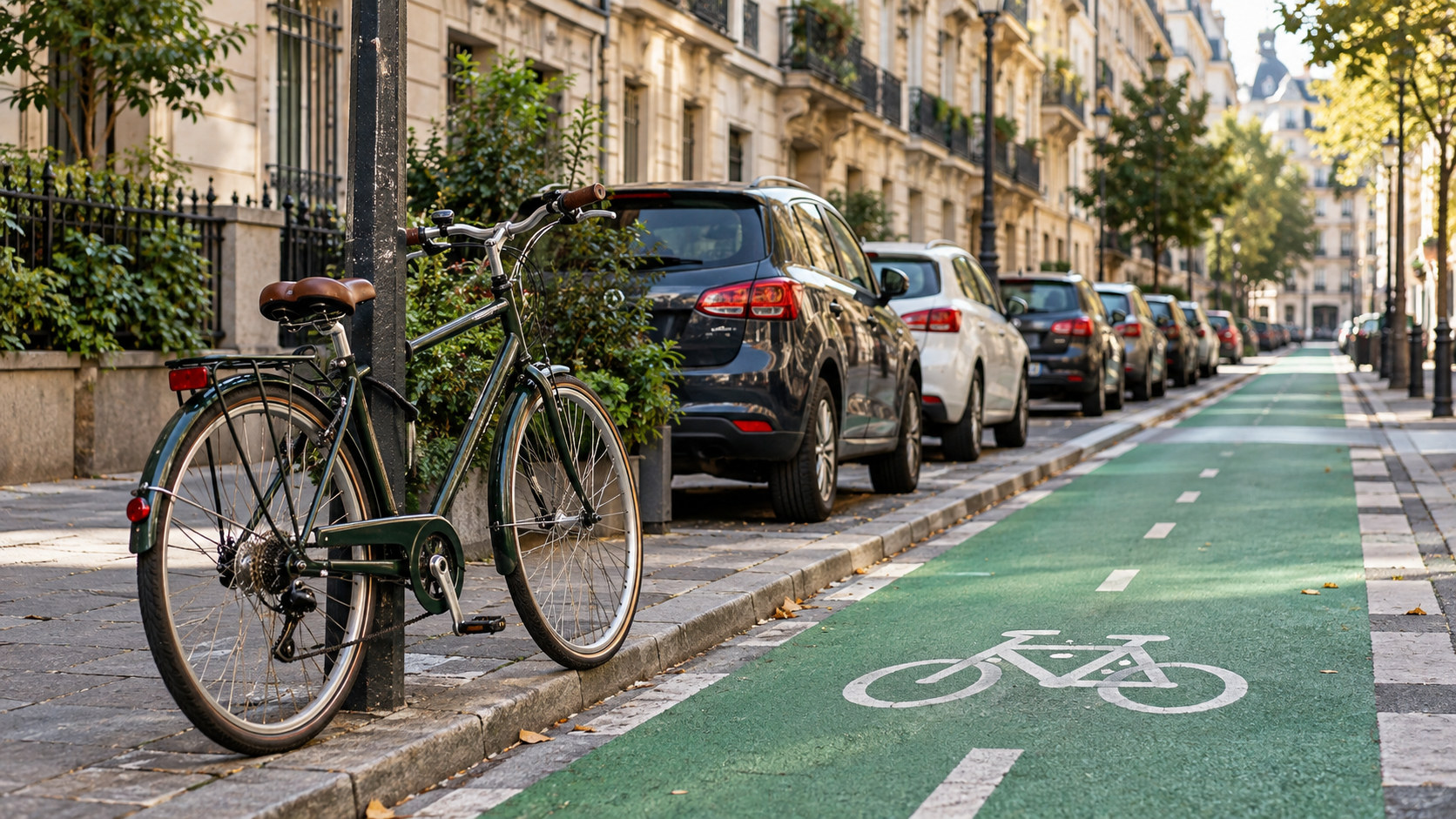 Bande cyclable verte peinte le long de voitures en stationnement dans une rue de ville française, un vélo appuyé contre un poteau au premier plan.
