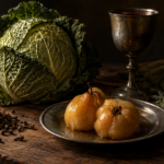 Nature morte sur une table de bois sombre : un chou entier, un tas de clous de girofle, deux coings cuits sur une assiette d’étain et une coupe de vin à demi pleine.