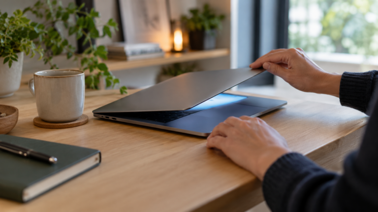 Deux mains referment le capot d’un ordinateur portable posé sur un bureau en bois clair, l’écran encore allumé.
