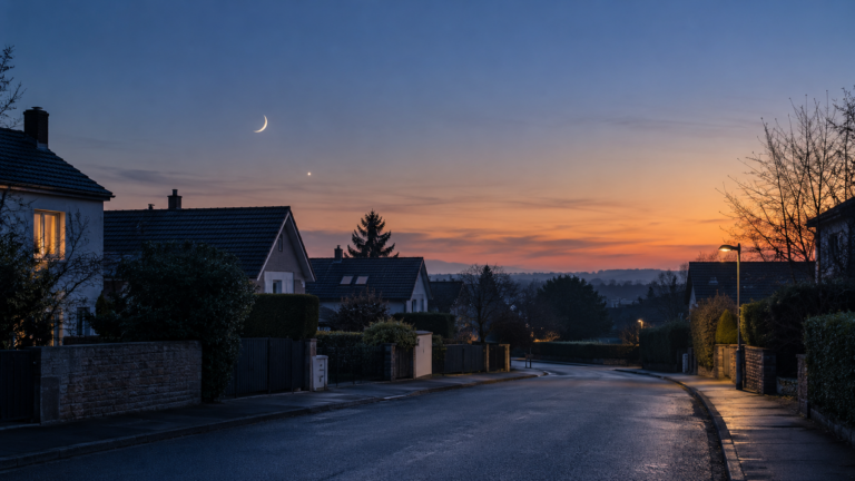 Une rue de banlieue déserte avant le lever du jour, un fin croissant de Lune et un point brillant bas au-dessus des toits.