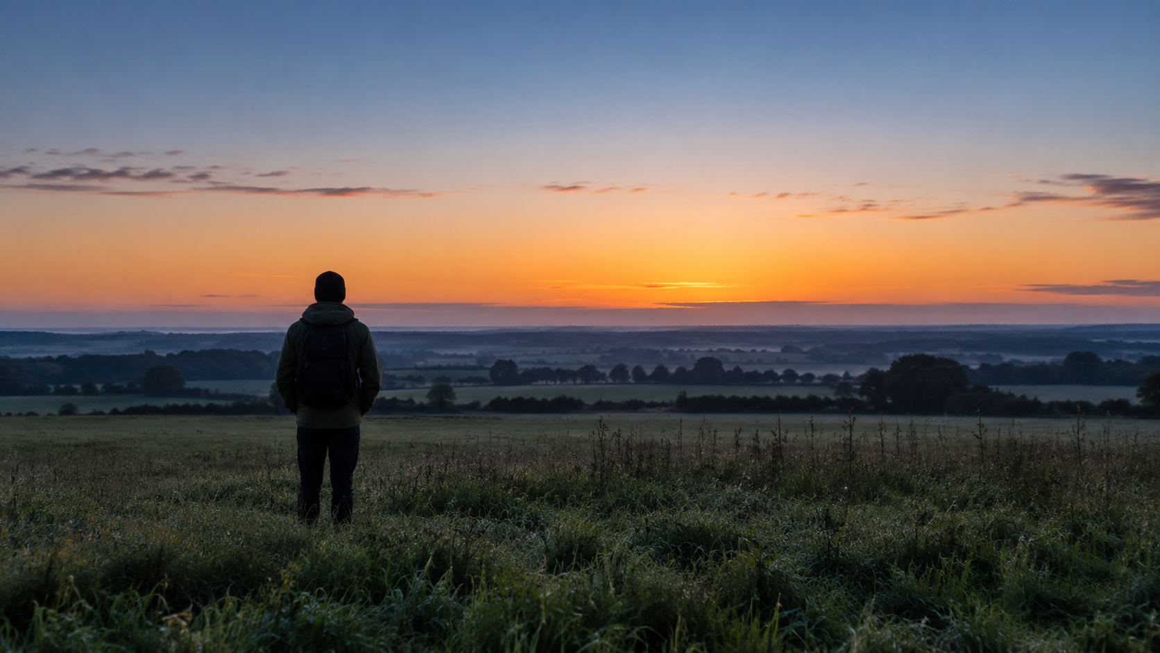 Une personne seule de dos dans un champ à l’aube, face à un horizon dégagé où le ciel pâlit.