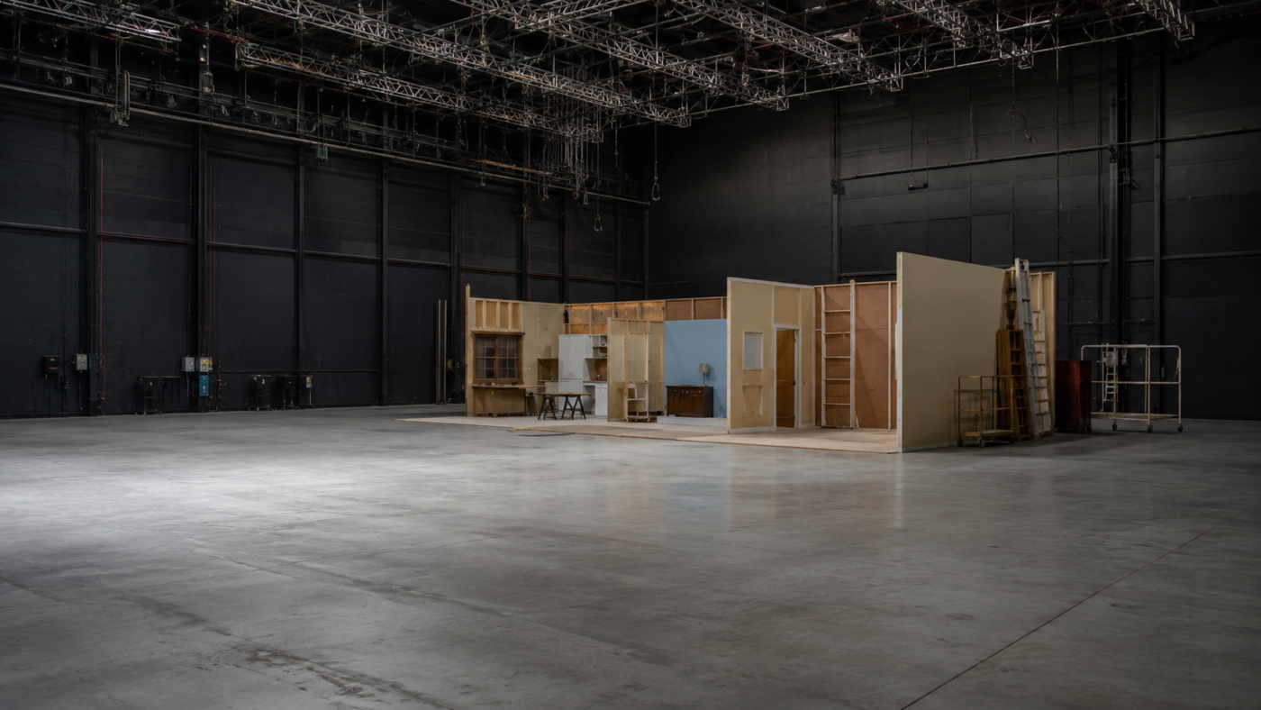 Plateau de studio de cinéma vide en France, décor d’appartement à moitié monté, grill d’éclairage éteint au-dessus, sol de béton dégagé.