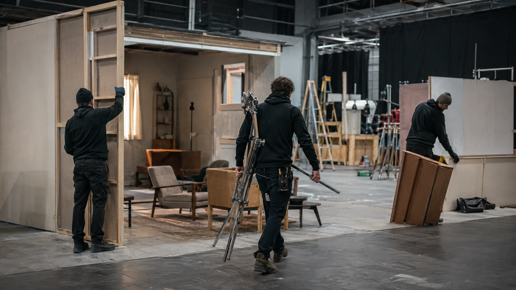 Trois techniciens de plateau démontent un petit décor intérieur dans un studio français, l’un roule un pied de projecteur.