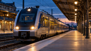 Un train régional entre en gare le long d’un quai désert, sous une marquise métallique éclairée au crépuscule.