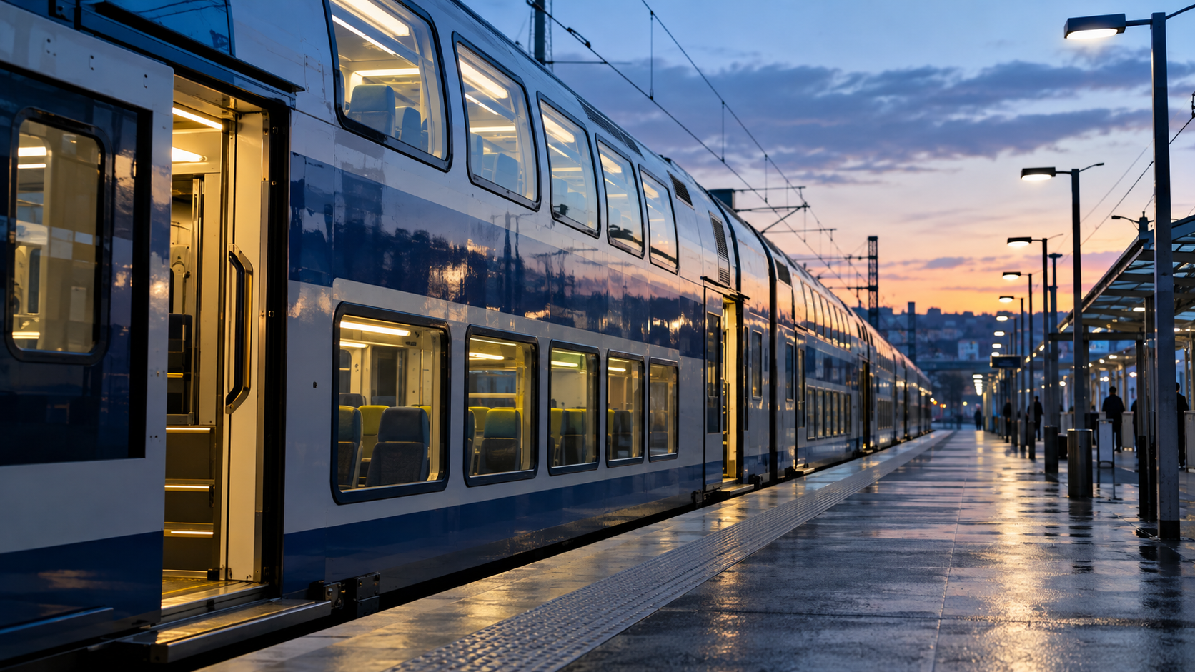 Une rame de banlieue à deux niveaux s’arrête le long d’un quai de gare au petit matin.