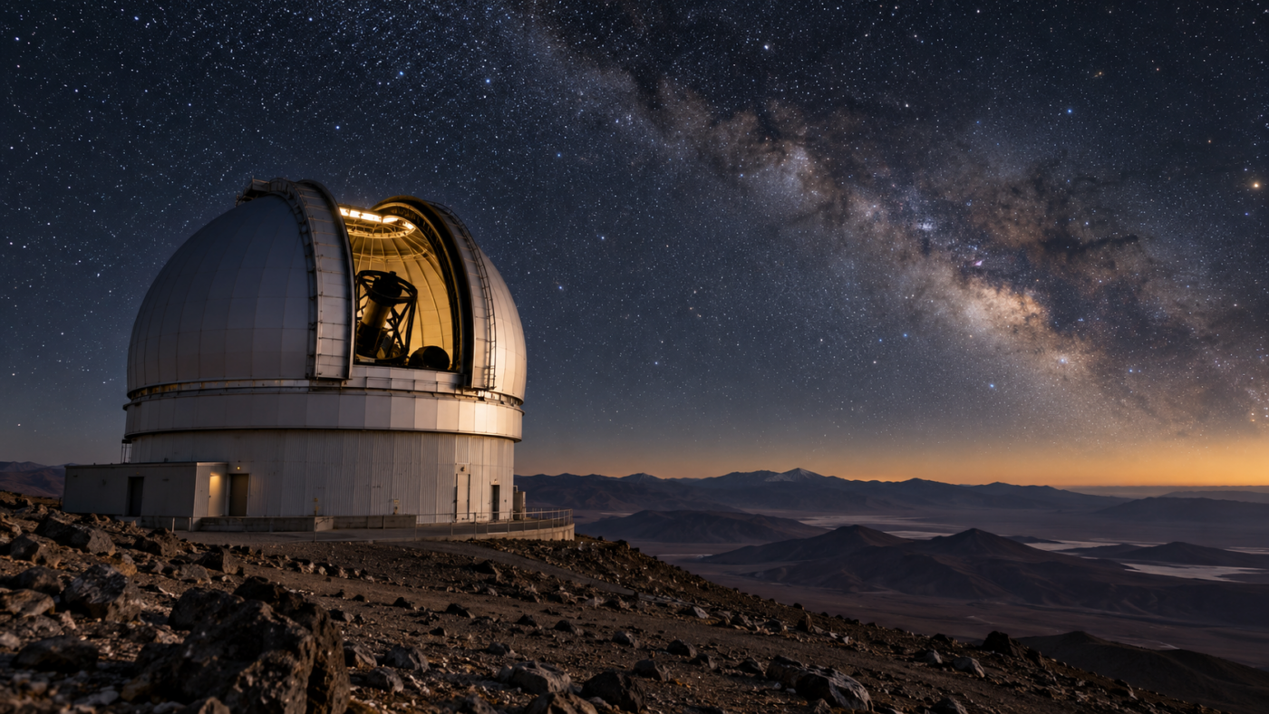 Coupole d’observatoire ouverte sur un ciel étoilé, sur une crête d’altitude désertique.