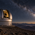 Coupole d’observatoire ouverte sur un ciel étoilé, sur une crête d’altitude désertique.