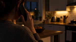 Une main tient un téléphone contre une oreille dans une cuisine faiblement éclairée, le visage hors cadre.