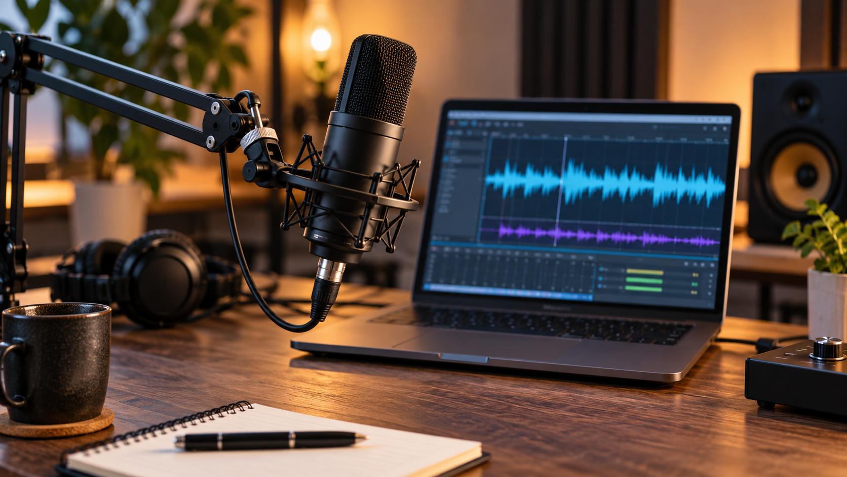 Un micro de studio sur bras articulé devant un ordinateur portable affichant une forme d’onde audio.