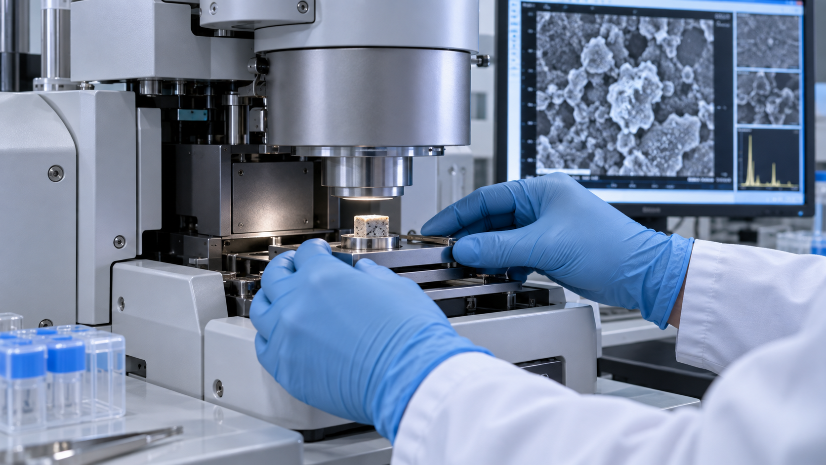 Mains gantées glissant un échantillon de tissu sous un microscope électronique en laboratoire.